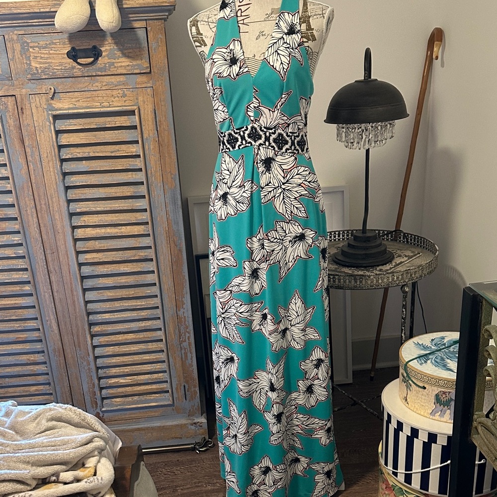 Yoana Baraschi Teal and Black Floral Maxi Dress